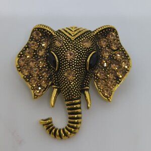Ganesh Elephant Rhinestone Brooch Antiqued-Gold Tone With Pin Back Closure